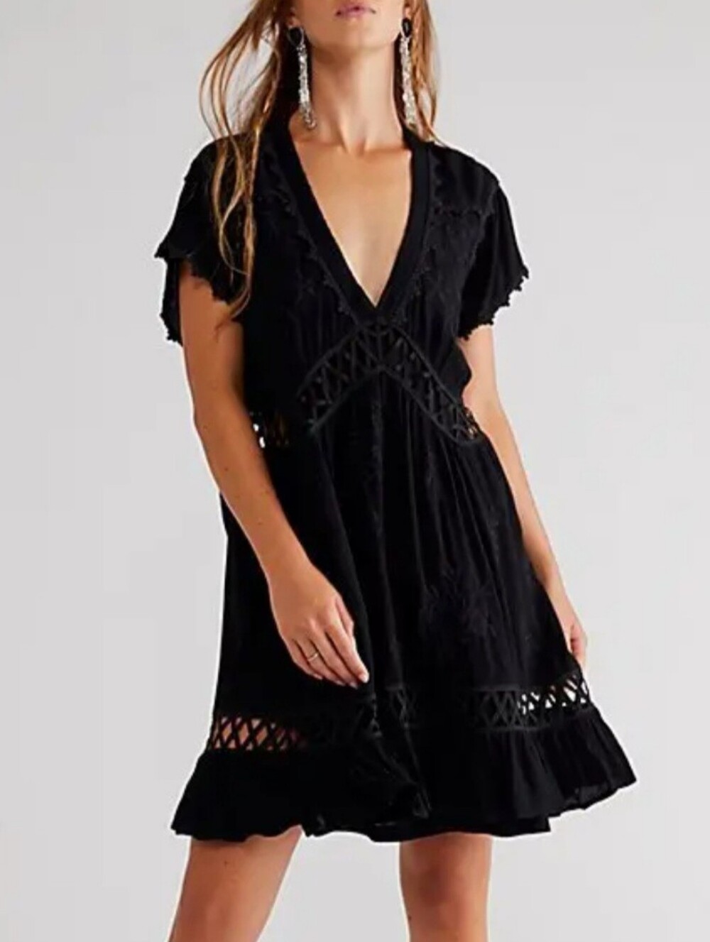 FREE PEOPLE Black Marissa Embroidered Loose-Fit Mini Dress V-Neck & Ruffles XS